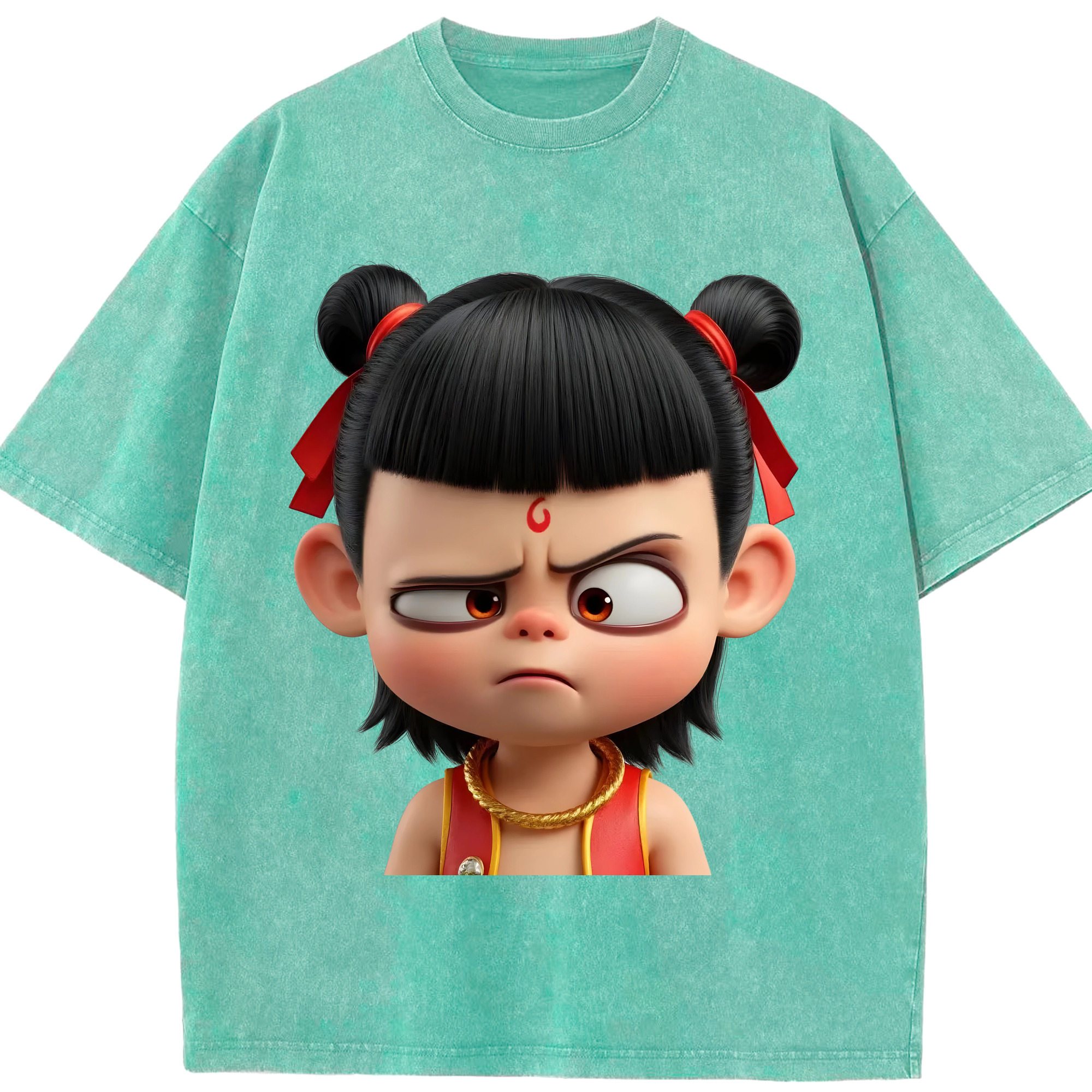（画像用） Ne Zha 2 ナタ 魔童の大暴れ 綿100% ヴィンテージ風 半袖Tシャツ（フロントプリント）